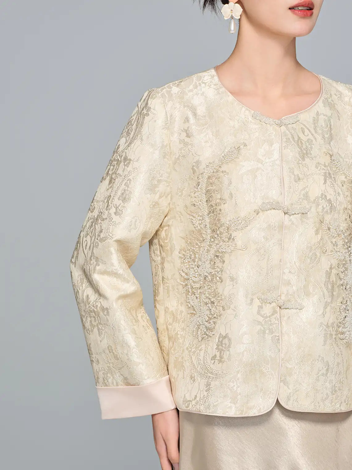 New Chinese Style Champagne Gold Beaded Embroidered Jacket & Skirt 