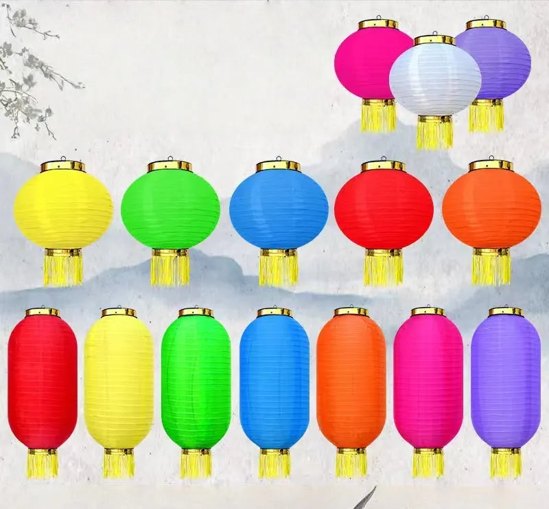 Set of colorful Nylon Fabric Lanterns with Tassel on a light gray background