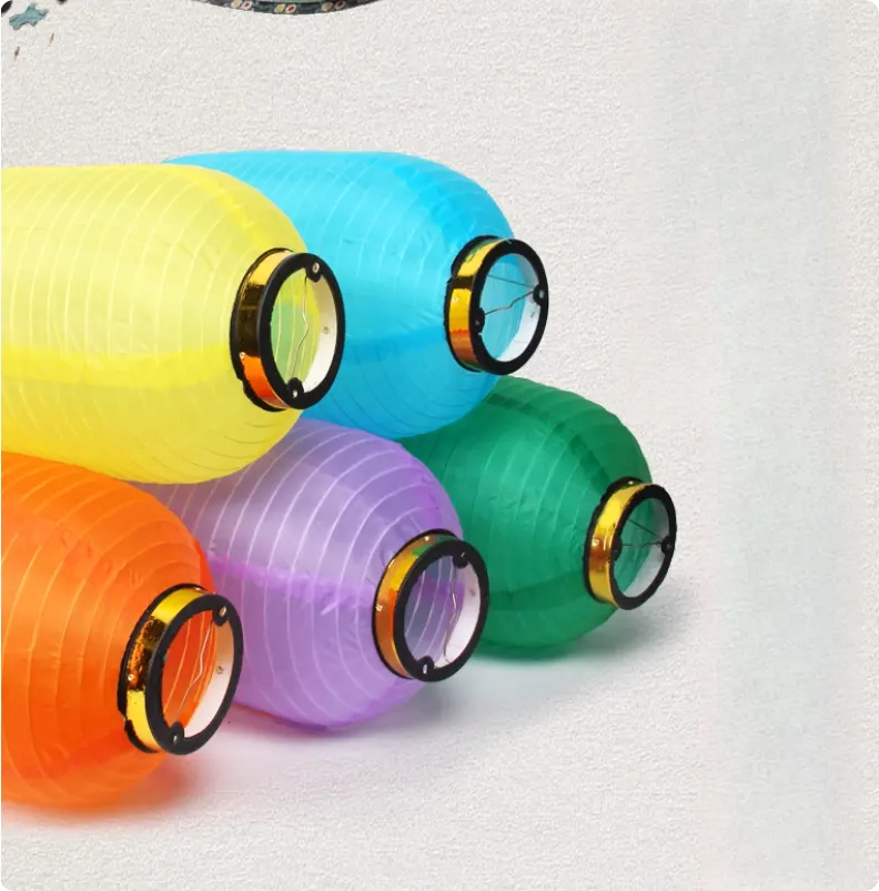 Colorful Nylon Fabric Lanterns with Tassel with circular ends on a white background