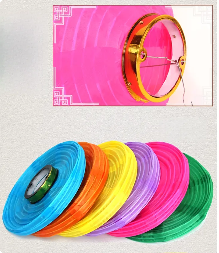 Set of Nylon Fabric Lanterns with Tassel  with a gold circular object on a pink and white background