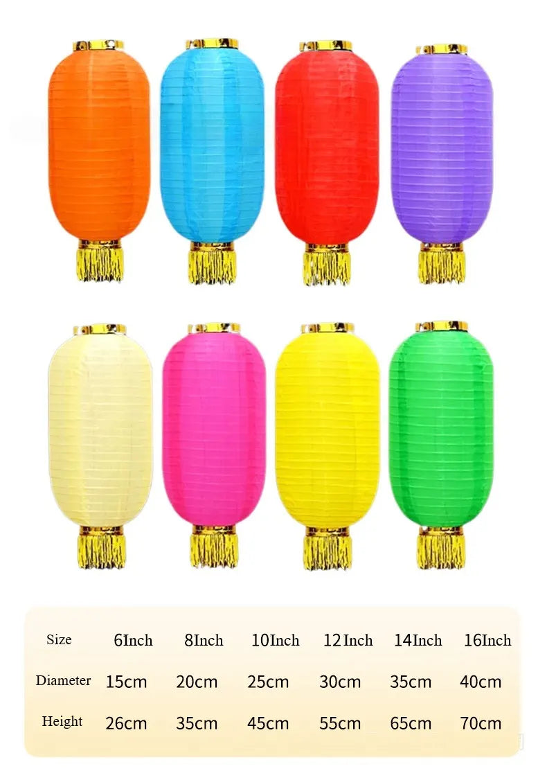 Set of colorful Nylon Fabric Lanterns with Tassel  with size chart on a white background