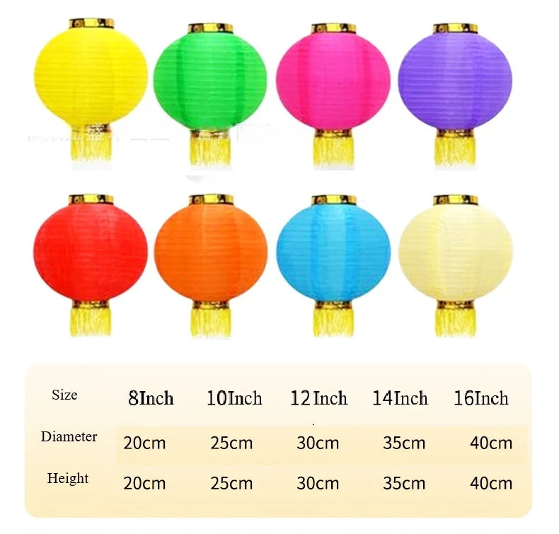 Set of colorful Nylon Fabric Lanterns with Tassel   with size chart below on a white background