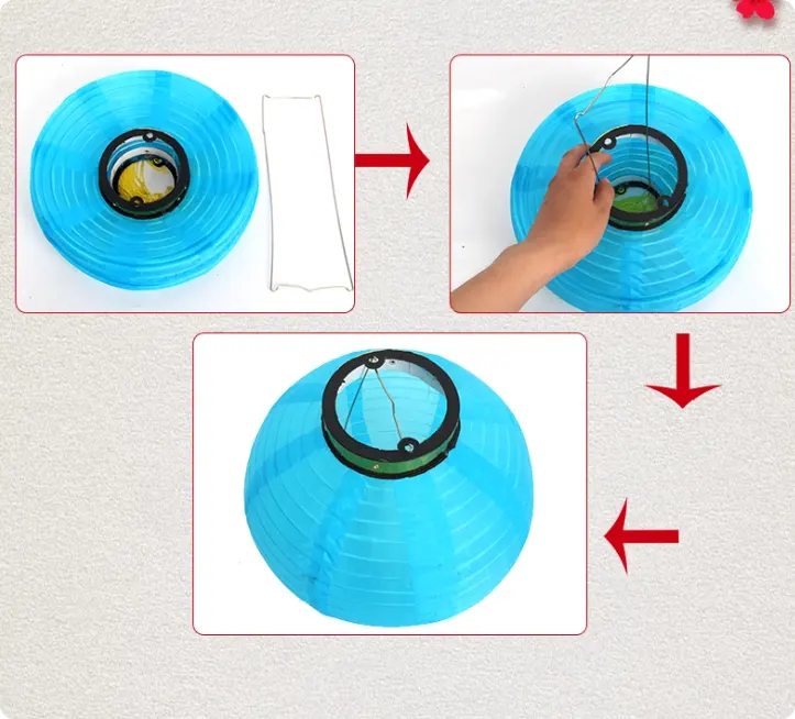 Step-by-step instructions on how to inflate a blue Nylon Fabric Lanterns with Tassel 