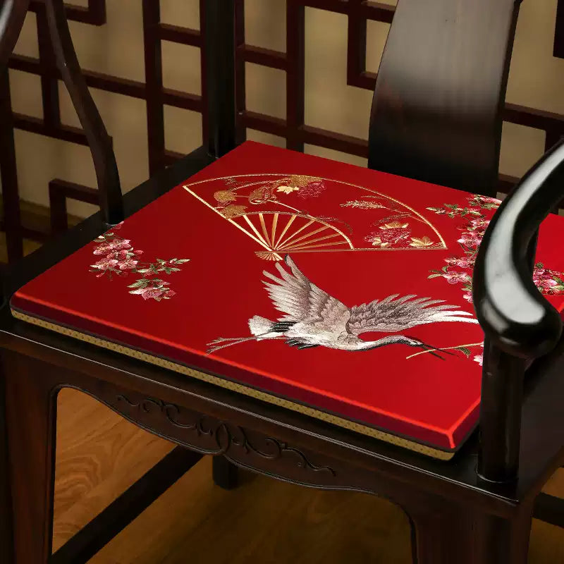 Oriental besticktes Satin-Stuhlkissen | Kranichvogel