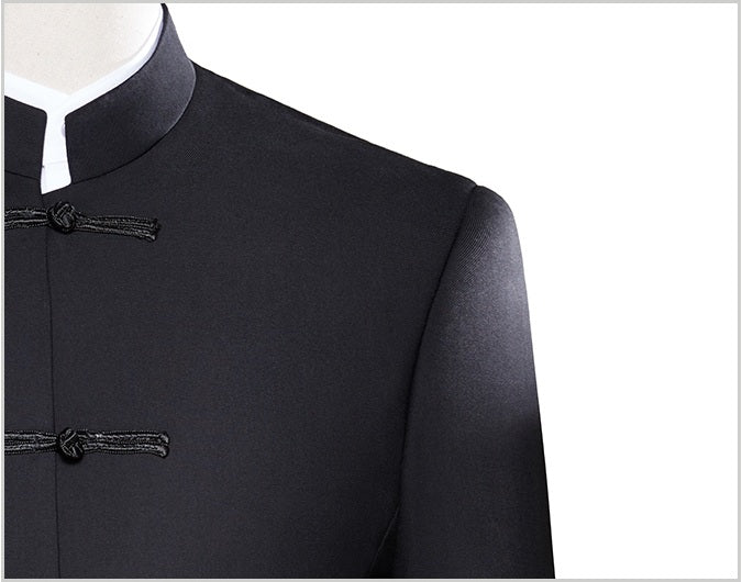 Black Zhongshan Tang Suit with Gold Brocade Dragon Cuffs –mandarin collar suit or Mao suit,