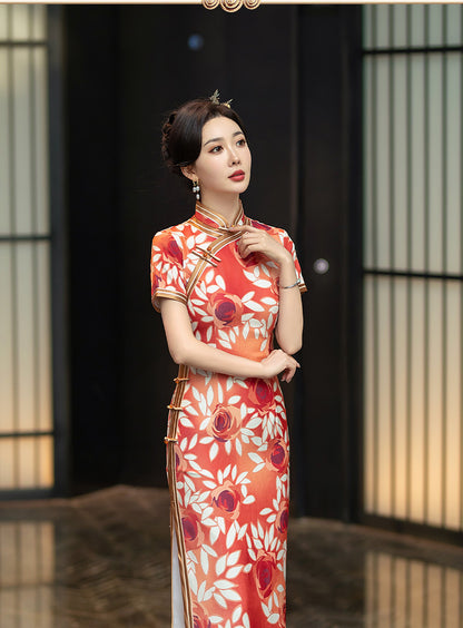 Orange Floral Cheongsam Qipao Dress