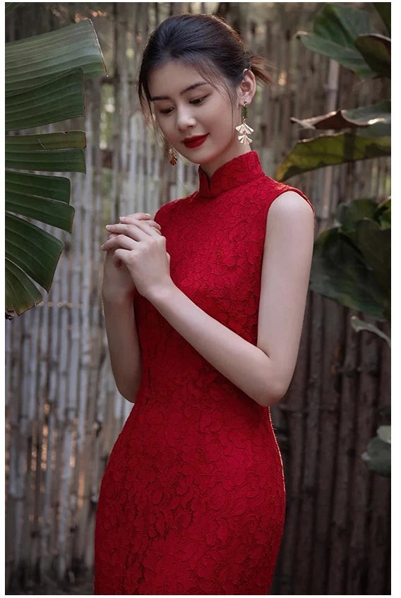 Modern Red Lace Open-Back Qipao Cheongsam Dress