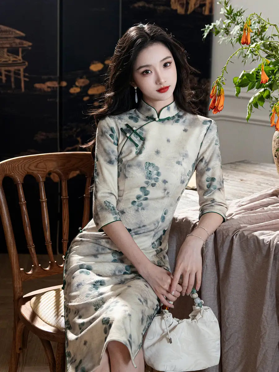 Blue/Green Plum Blossom Long Sleeves Qipao Cheongsam Dress