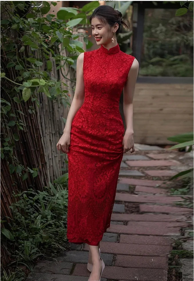 Modern Red Lace Open-Back Qipao Cheongsam Dress