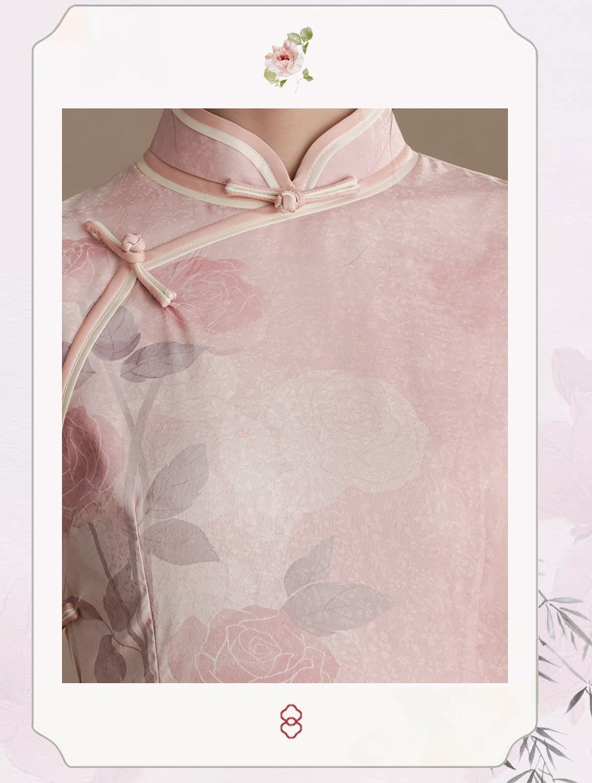 Short  Sleeves pink rose printed qipao cheongsam dress full length top