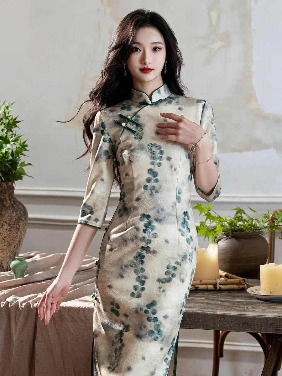Blue/Green Plum Blossom Long Sleeves Qipao Cheongsam Dress