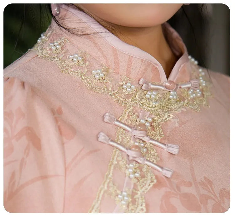 Rosa-grünes Qipao-Cheongsam-Kleid aus Spitze