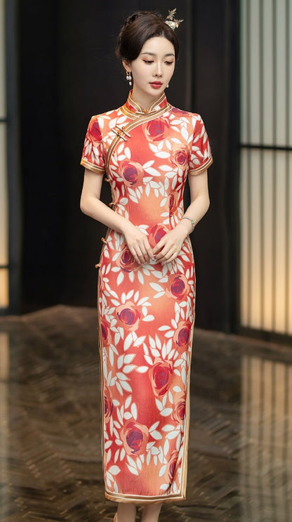 Orange Floral Cheongsam Qipao Dress