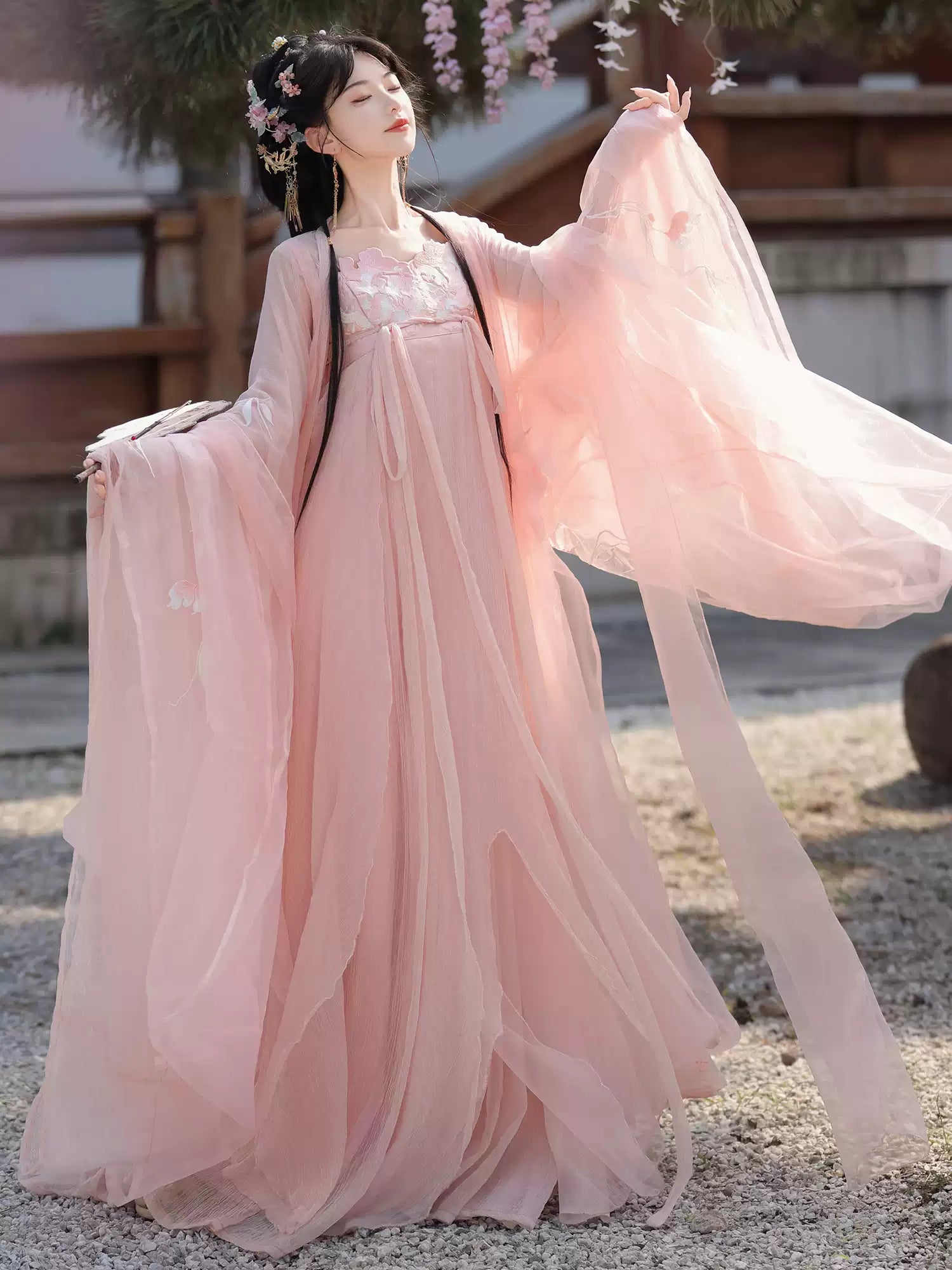dusky pink asian dress Pink Chinese style Han element dress big pendulum fish tail tattered three-piece set / M
