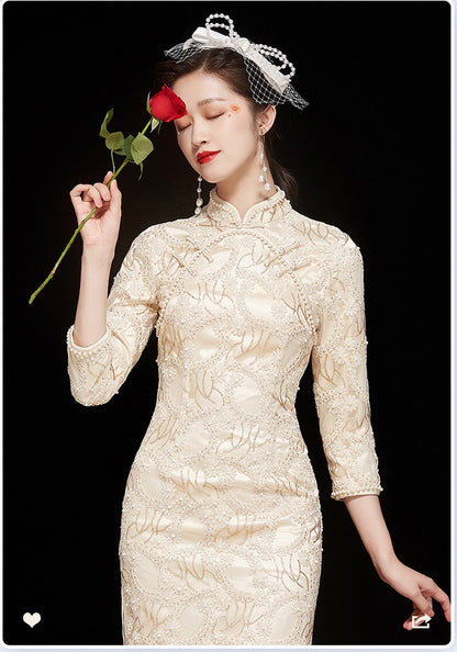 White Lace Long Sleeve Cheongsam/Qipao Dress|  Pearly Midi