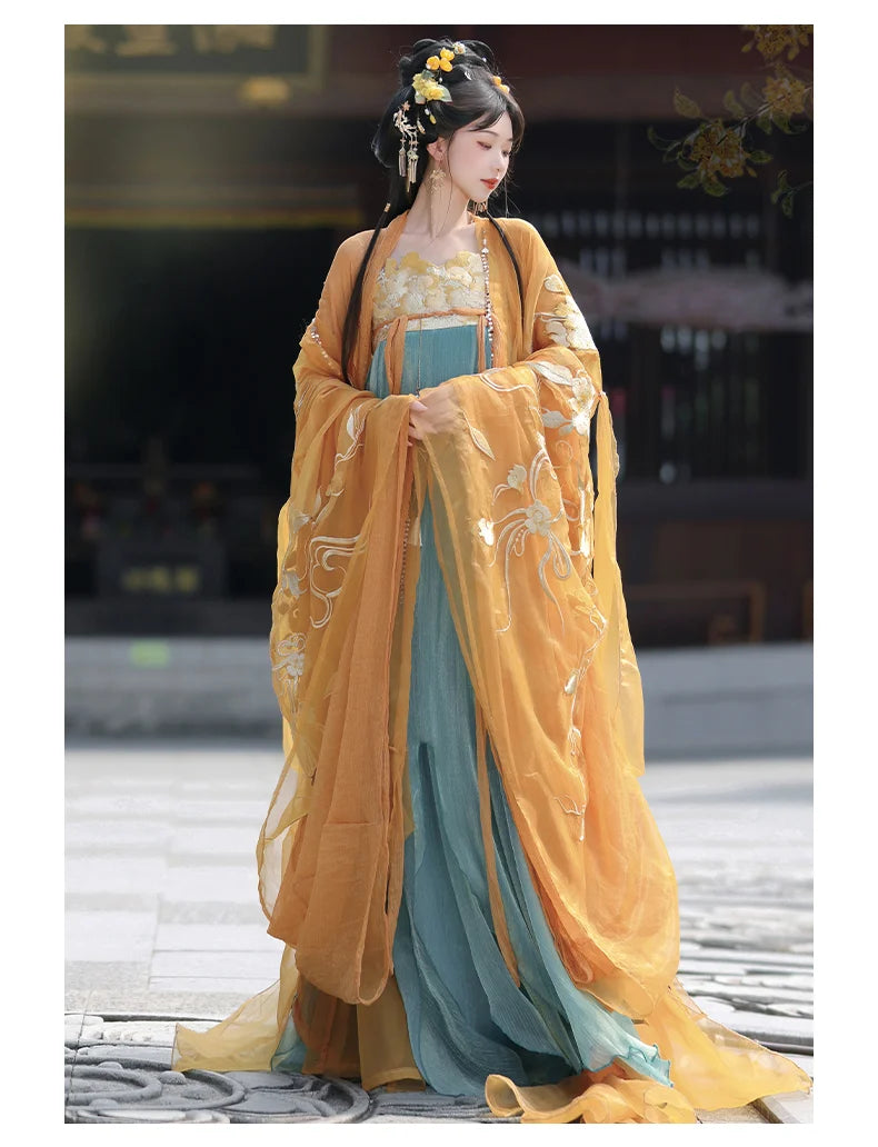 Robe Hanfu dynastique Tang turquoise doré/rose | Soulbound