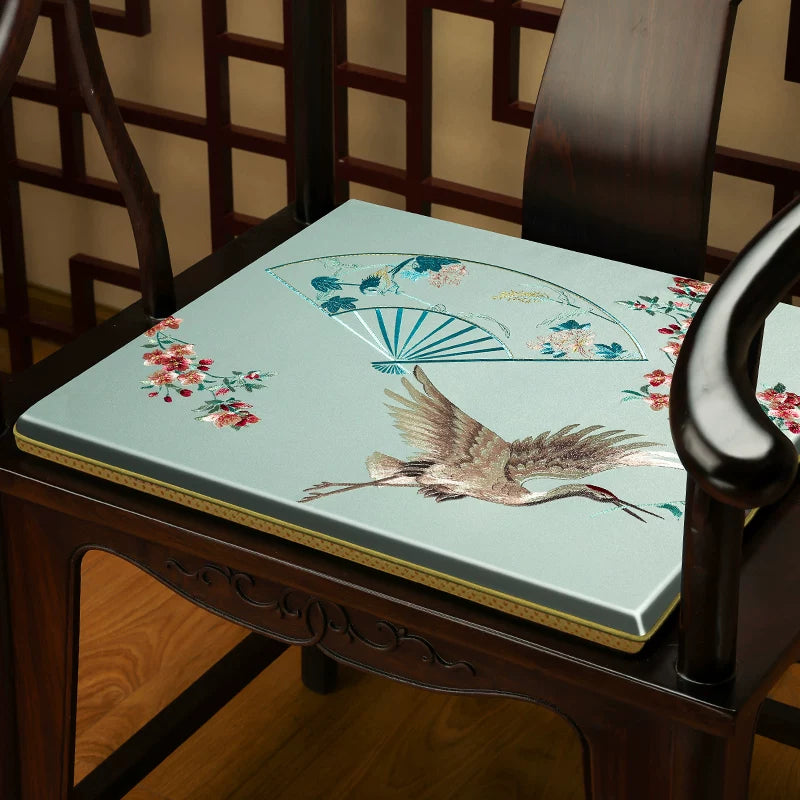 Oriental besticktes Satin-Stuhlkissen | Kranichvogel
