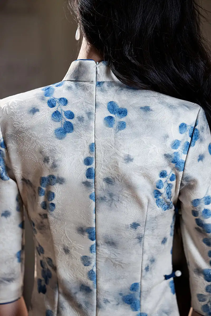 Blue/Green Plum Blossom Long Sleeves Qipao Cheongsam Dress
