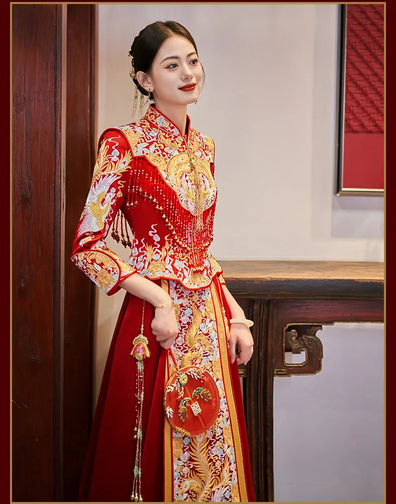 Ensemble Qun Kwa de Mariée Luxe Brodé Dragon et Phénix | Or Royal