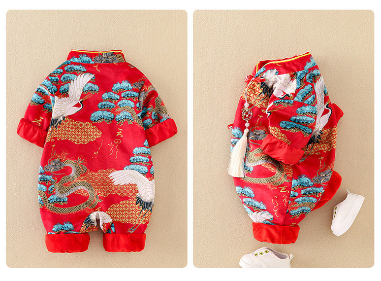 Red Chinese Style Long Sleeves Baby Romper
