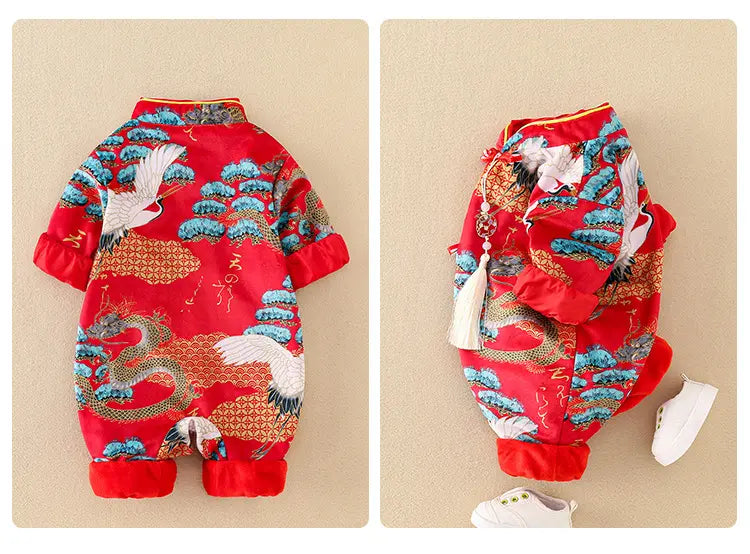 red traditional chinese Red Long Sleeves Baby Romper