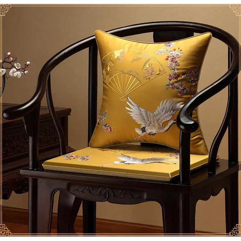 Oriental besticktes Satin-Stuhlkissen | Kranichvogel