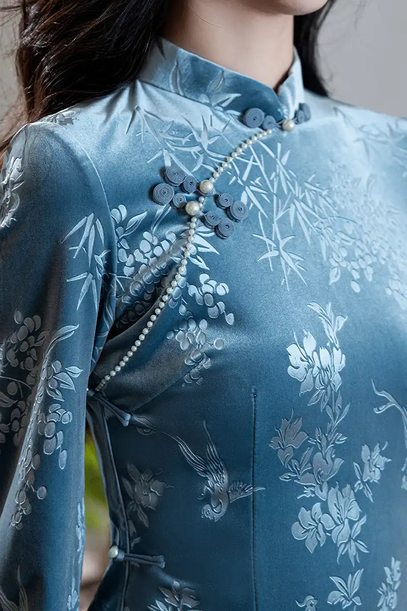 Black/Blue 3/4 Long Sleeves Velvet Jacquard Qipao with Pearl Trim