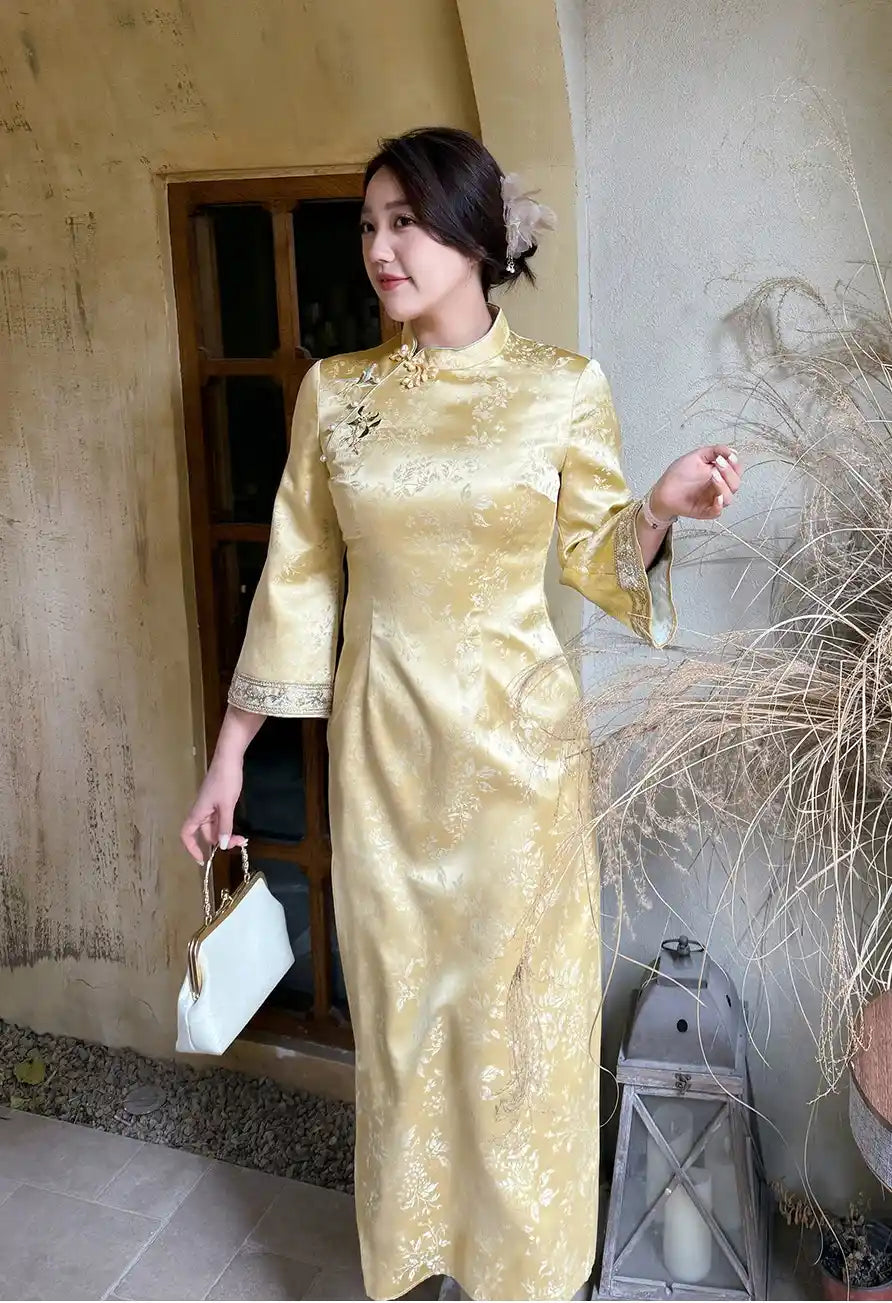 Plus Size Yellow Gold Modern  Long Sleeve Jacquard Qipao