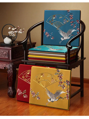 Oriental besticktes Satin-Stuhlkissen | Kranichvogel