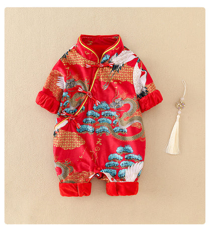 long sleeves red chinese baby romper 