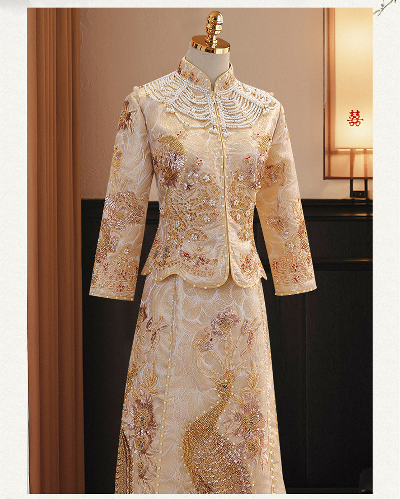 Golden Bridal  beaded Chinese Wedding Qun Kwa |Peacock