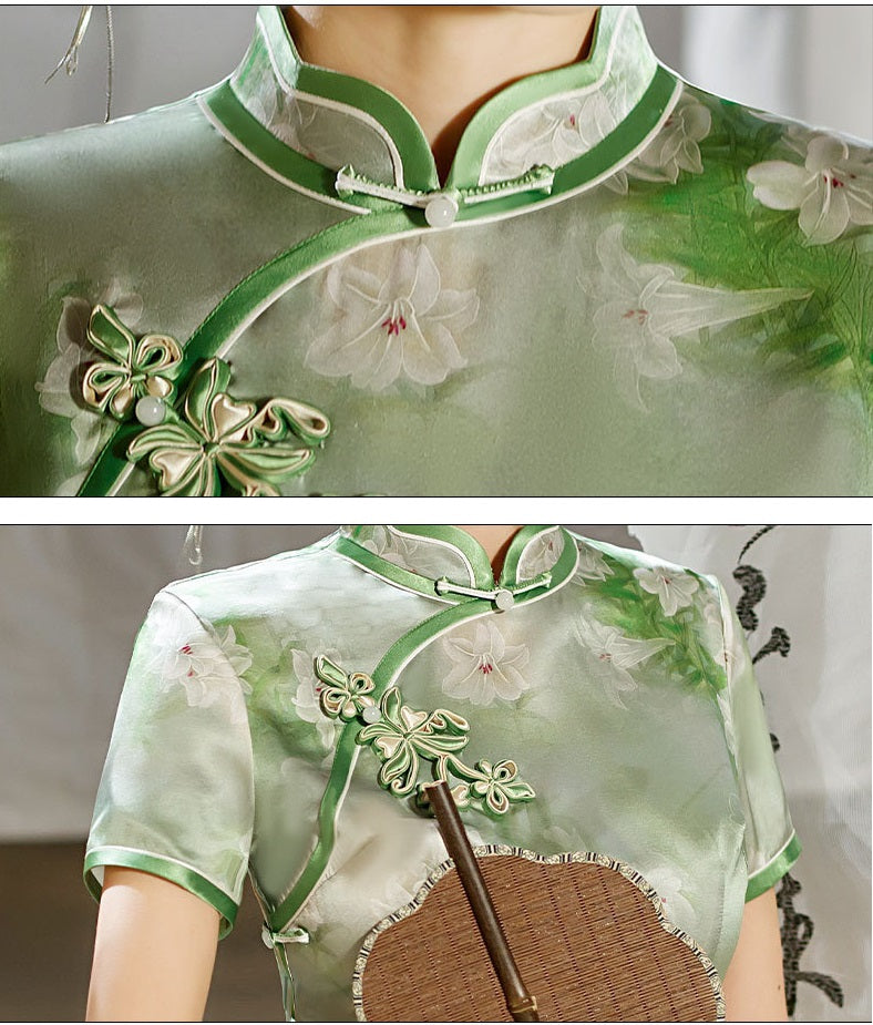 Robe Qipao en soie verte | Jasmine