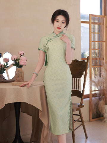 Cheongsam Qipao en dentelle verte et blanche | Daisy