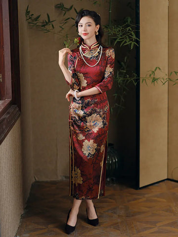 Red 3/4 Long Sleeves Floral Silk Qipao | Peony