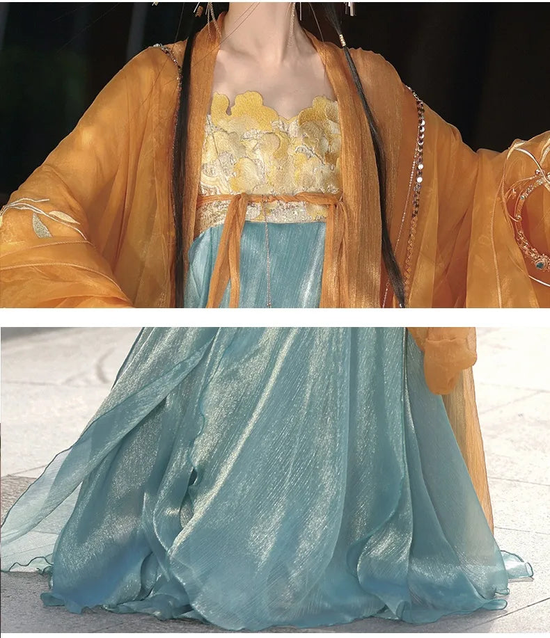 Robe Hanfu dynastique Tang turquoise doré/rose | Soulbound