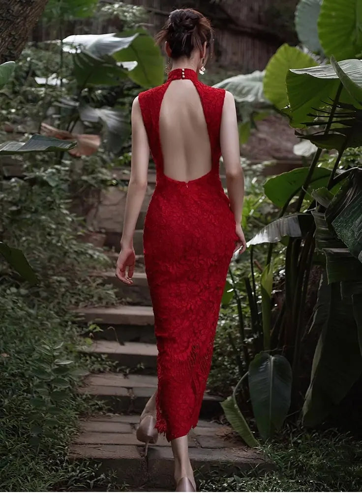 Modern Red Lace Open-Back Qipao Cheongsam Dress