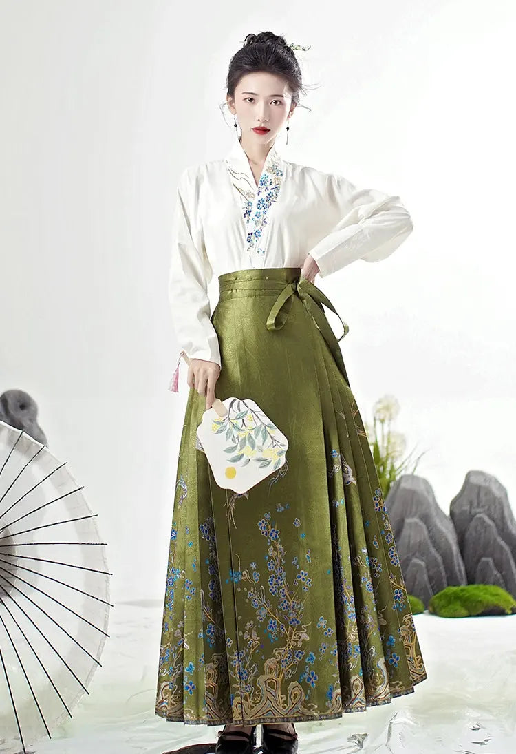 Olive GreenMing-style Wave Gold MaMian Skirt and Cross-collar Blouse