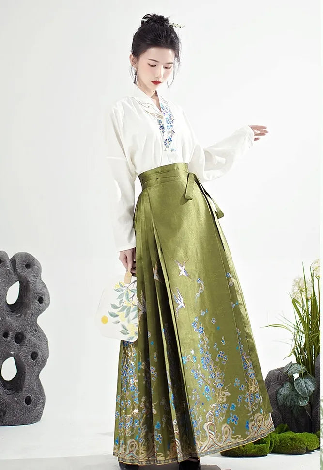 Olive GreenMing-style Wave Gold MaMian Skirt and Cross-collar Blouse