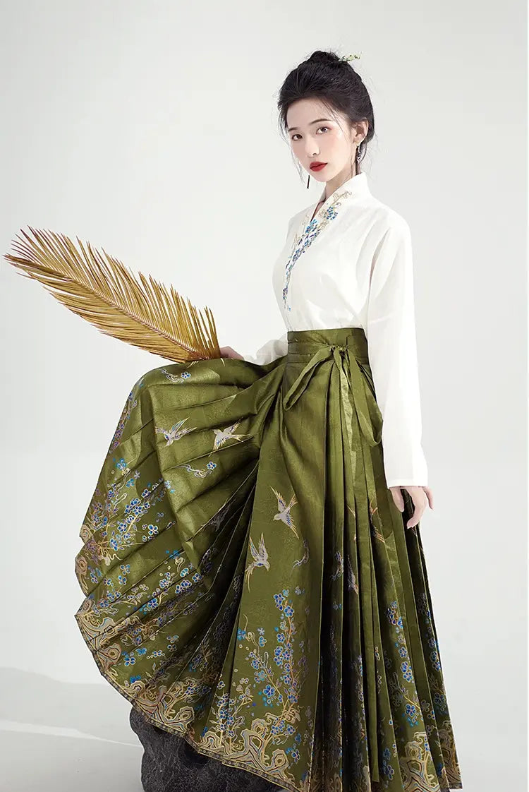 Olive GreenMing-style Waven Gold MaMian Skirt and Cross-collar Blouse