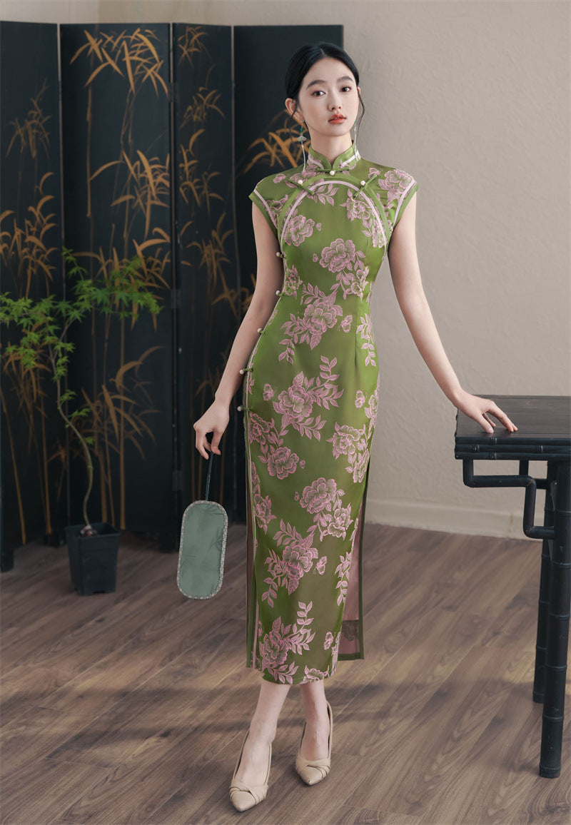 Olive Green Cap Sleeve Floral   Traditional Chinese Cheongsam Qipao Dress