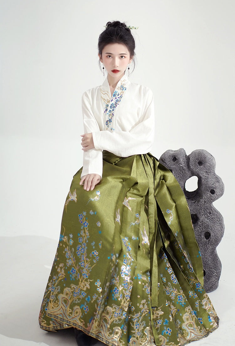 Olive Green Floral Ming-style MaMian Skirt and Cross-collar Blouse