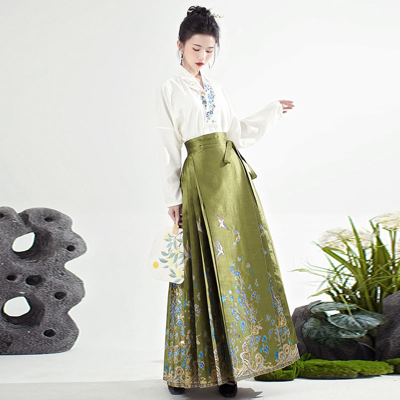 Olive Green Floral Ming-style MaMian Skirt and Cross-collar Blouse 