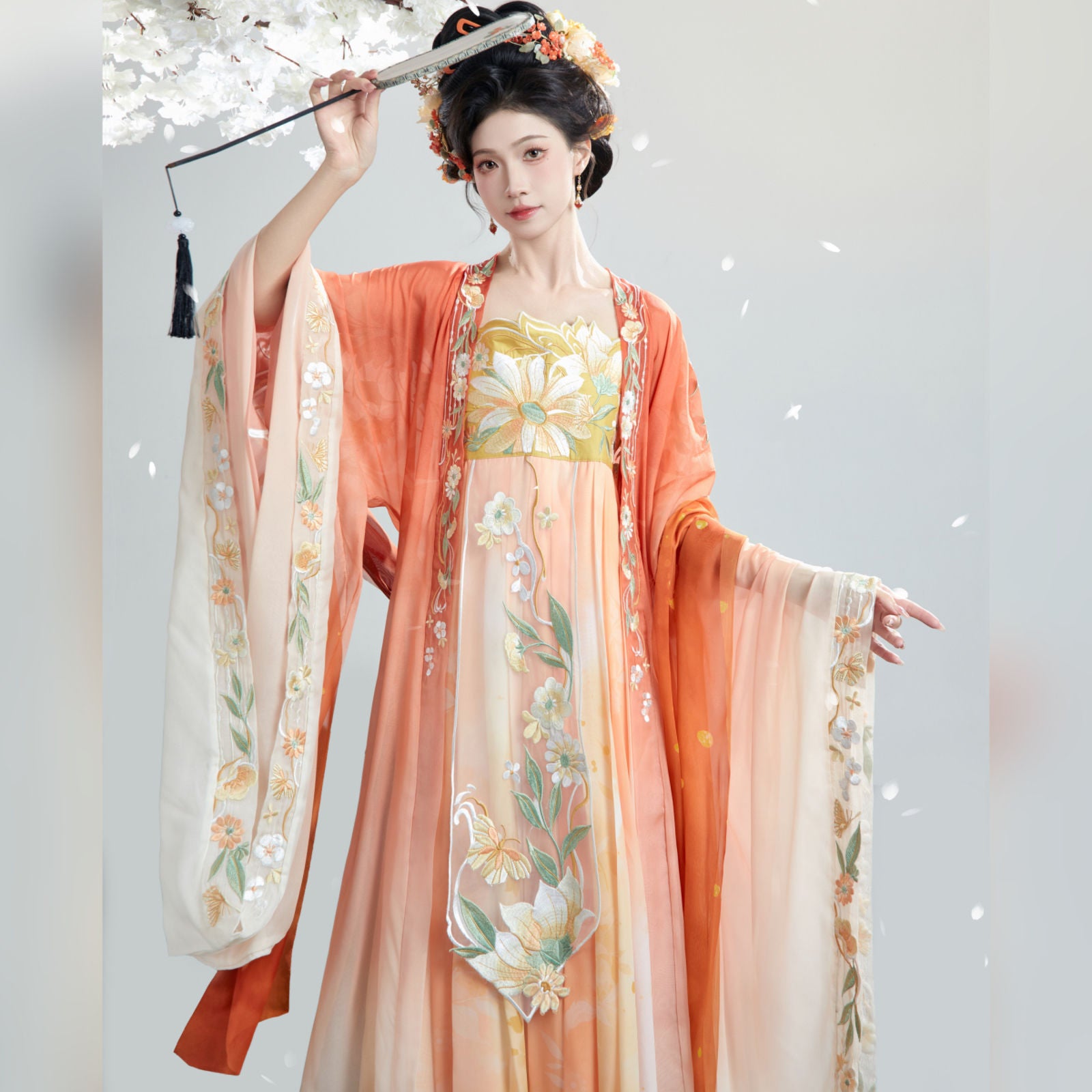 Orange Traditional Chinese Tang Dynasty Hanfu Dress with Floral Embroideries