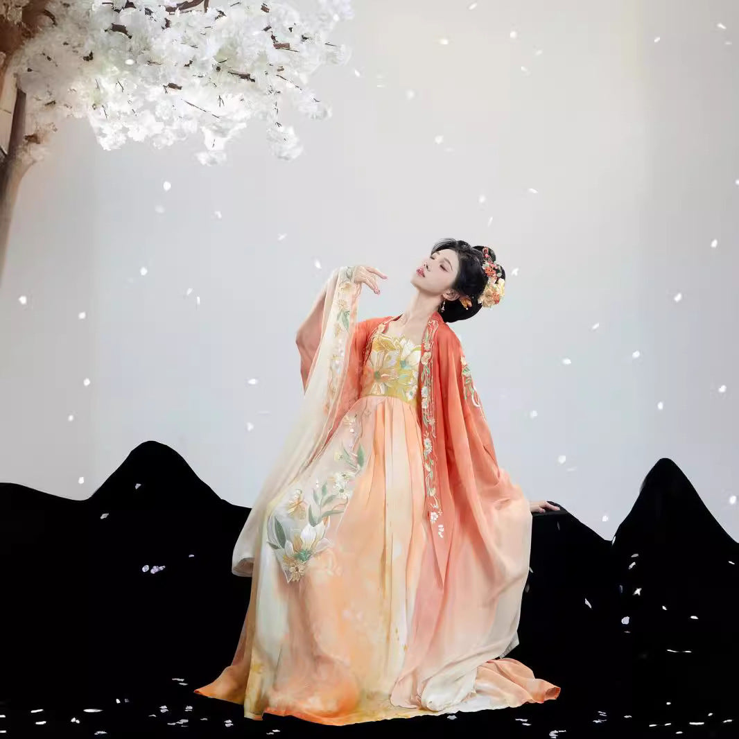 Orange Traditional Chinese Tang Dynasty Hanfu Dress with Floral Embroideries