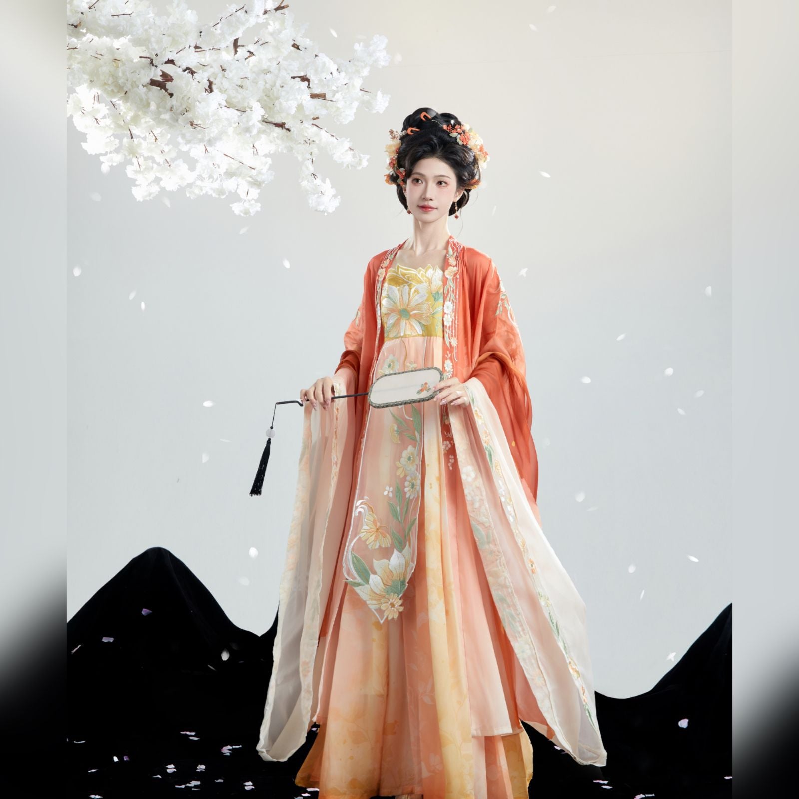 Orange Traditional Chinese Tang Dynasty Hanfu Dress with Floral Embroideries