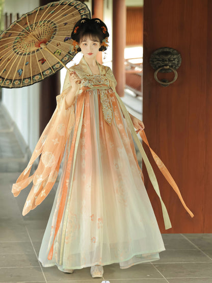 Orange Chinese Hanfu Tang-style with embroidery