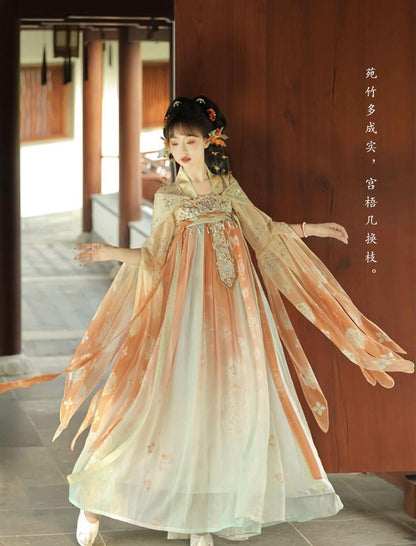 Orange Chinese Hanfu Tang-style with embroidery