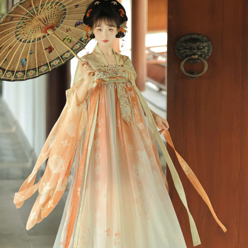 Orange Chinese Hanfu Tang-style with embroidery