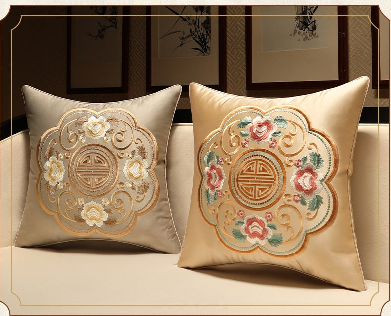 Oriental Floral  Embroidered  Satin Cushion Cover