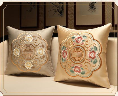 Oriental Floral  Embroidered  Satin Cushion Cover